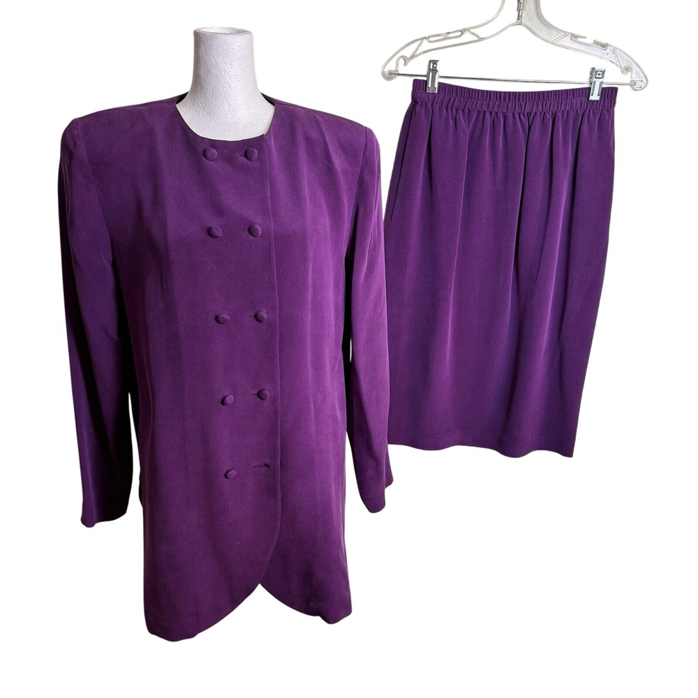 Vintage Papell Too 100% Silk Skirt Suit Purple Double Breasted Blazer Set‎ 6